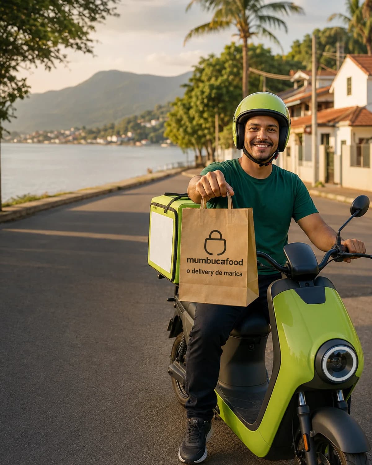 Entregador parceiro sorrindo em sua scooter verde-lima, estendendo uma sacola de papel com a marca MumbucaFood, com a lagoa de Maricá ao fundo